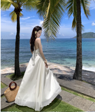 Elegant V-neck Design Beige Chiffon A-Line Beach Holiday Halter Dress HZ1024