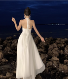 Elegant V-neck Design Beige Chiffon A-Line Beach Holiday Halter Dress HZ1024