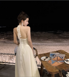 Elegant V-neck Design Beige Chiffon A-Line Beach Holiday Halter Dress HZ1024
