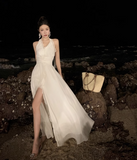 Elegant V-neck Design Beige Chiffon A-Line Beach Holiday Halter Dress HZ1024