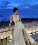 Elegant V-neck Design Beige Chiffon A-Line Beach Holiday Halter Dress HZ1024