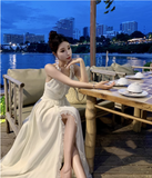 Elegant V-neck Design Beige Chiffon A-Line Beach Holiday Halter Dress HZ1024