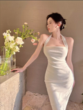 Elegant Design White A-Line Slim Midi Halter Dress HZ1024