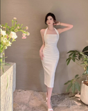 Elegant Design White A-Line Slim Midi Halter Dress HZ1024