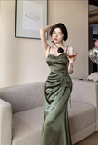 Simple Floral Design Elegant Green A-Line Slim Long Spaghetti Strap Dress HZ1024