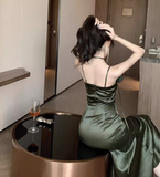 Simple Floral Design Elegant Green A-Line Slim Long Spaghetti Strap Dress HZ1024