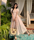 New Fashion Puffed Short Sleeve Design Pink A-line Floral Dress HZ1024