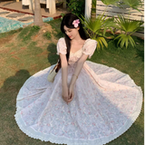 New Fashion Puffed Short Sleeve Design Pink A-line Floral Dress HZ1024