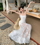 Simple Elegant Floral Lace Design A-line Spaghetti Strap Dress HZ1024