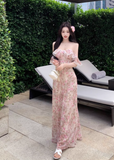 New Fashion Pink Floral Design Beach Holiday Long A-line Strapless Dress HZ1024
