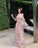 New Fashion Pink Floral Design Beach Holiday Long A-line Strapless Dress HZ1024