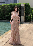 New Fashion Pink Floral Design Beach Holiday Long A-line Strapless Dress HZ1024