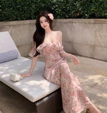 New Fashion Pink Floral Design Beach Holiday Long A-line Strapless Dress HZ1024