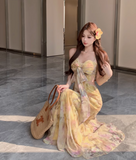 New Fashion Yellow Floral Design A-line Spaghetti Strap Dress HZ1024