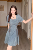 New Fashion Waist-cinching Design A-line Short-sleeved Denim Dress HZ1024