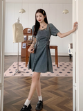 New Fashion Waist-cinching Design A-line Short-sleeved Denim Dress HZ1024
