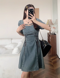 New Fashion Waist-cinching Design A-line Short-sleeved Denim Dress HZ1024