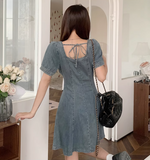 New Fashion Waist-cinching Design A-line Short-sleeved Denim Dress HZ1024