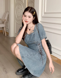 New Fashion Waist-cinching Design A-line Short-sleeved Denim Dress HZ1024