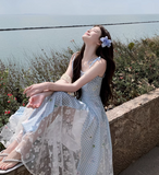 New Fashion Blue Plaid Design Beach Holiday A-line Sleeveless Spaghetti Strap Dress HZ1024