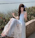 New Fashion Blue Plaid Design Beach Holiday A-line Sleeveless Spaghetti Strap Dress HZ1024