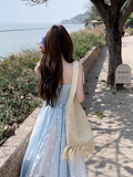 New Fashion Blue Plaid Design Beach Holiday A-line Sleeveless Spaghetti Strap Dress HZ1024