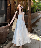 New Fashion Blue Plaid Design Beach Holiday A-line Sleeveless Spaghetti Strap Dress HZ1024