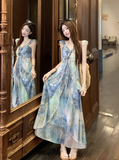 New Fashion Irregular Ruffled Dress Hem Design Beach Holiday A-line Sleeveless Floral Dress HZ1024