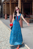 New Fashion Blue Floral Design A-line Square Collar Beach Holiday Sleeveless Dress HZ1024