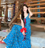 New Fashion Blue Floral Design A-line Square Collar Beach Holiday Sleeveless Dress HZ1024