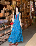 New Fashion Blue Floral Design A-line Square Collar Beach Holiday Sleeveless Dress HZ1024