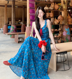 New Fashion Blue Floral Design A-line Square Collar Beach Holiday Sleeveless Dress HZ1024
