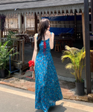 New Fashion Blue Floral Design A-line Square Collar Beach Holiday Sleeveless Dress HZ1024