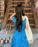 New Fashion Blue Floral Design A-line Square Collar Beach Holiday Sleeveless Dress HZ1024