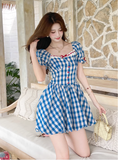 New Fashion Blue Plaid Design A-line Square Collar Short Sleeves Dress HZ1024