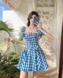 New Fashion Blue Plaid Design A-line Square Collar Short Sleeves Dress HZ1024