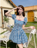 New Fashion Blue Plaid Design A-line Square Collar Short Sleeves Dress HZ1024
