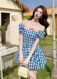 New Fashion Blue Plaid Design A-line Square Collar Short Sleeves Dress HZ1024