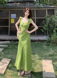 New Fashion Green Floral Design A-line Beach Holiday Long Sleeveless Dress HZ1024