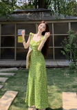 New Fashion Green Floral Design A-line Beach Holiday Long Sleeveless Dress HZ1024