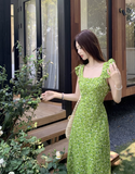 New Fashion Green Floral Design A-line Beach Holiday Long Sleeveless Dress HZ1024