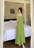 New Fashion Green Floral Design A-line Beach Holiday Long Sleeveless Dress HZ1024