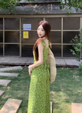 New Fashion Green Floral Design A-line Beach Holiday Long Sleeveless Dress HZ1024