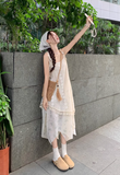 New Fashion Beige Floral Design A-line Beach Holiday Long Spaghetti Strap Dress HZ1024