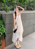 New Fashion Beige Floral Design A-line Beach Holiday Long Spaghetti Strap Dress HZ1024