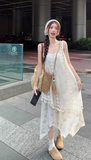 New Fashion Beige Floral Design A-line Beach Holiday Long Spaghetti Strap Dress HZ1024