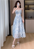 Vintage Blue Floral Design Beach Holiday A-line Long Spaghetti Strap Dress HZ1024