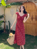 Simple Fashion Red Floral Design A-line Long High-waisted Dress HZ1024
