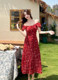 Simple Fashion Red Floral Design A-line Long High-waisted Dress HZ1024