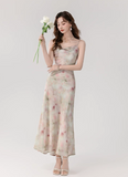 Vintage Fashion Floral Print Design A-line Long Spaghetti Strap Dress HZ1024